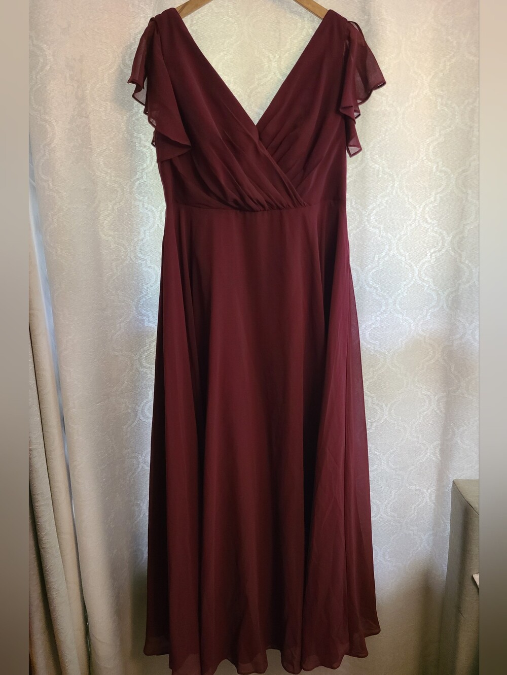Davids Bridal Flowing Burgundy V-Neck Maxi Dress